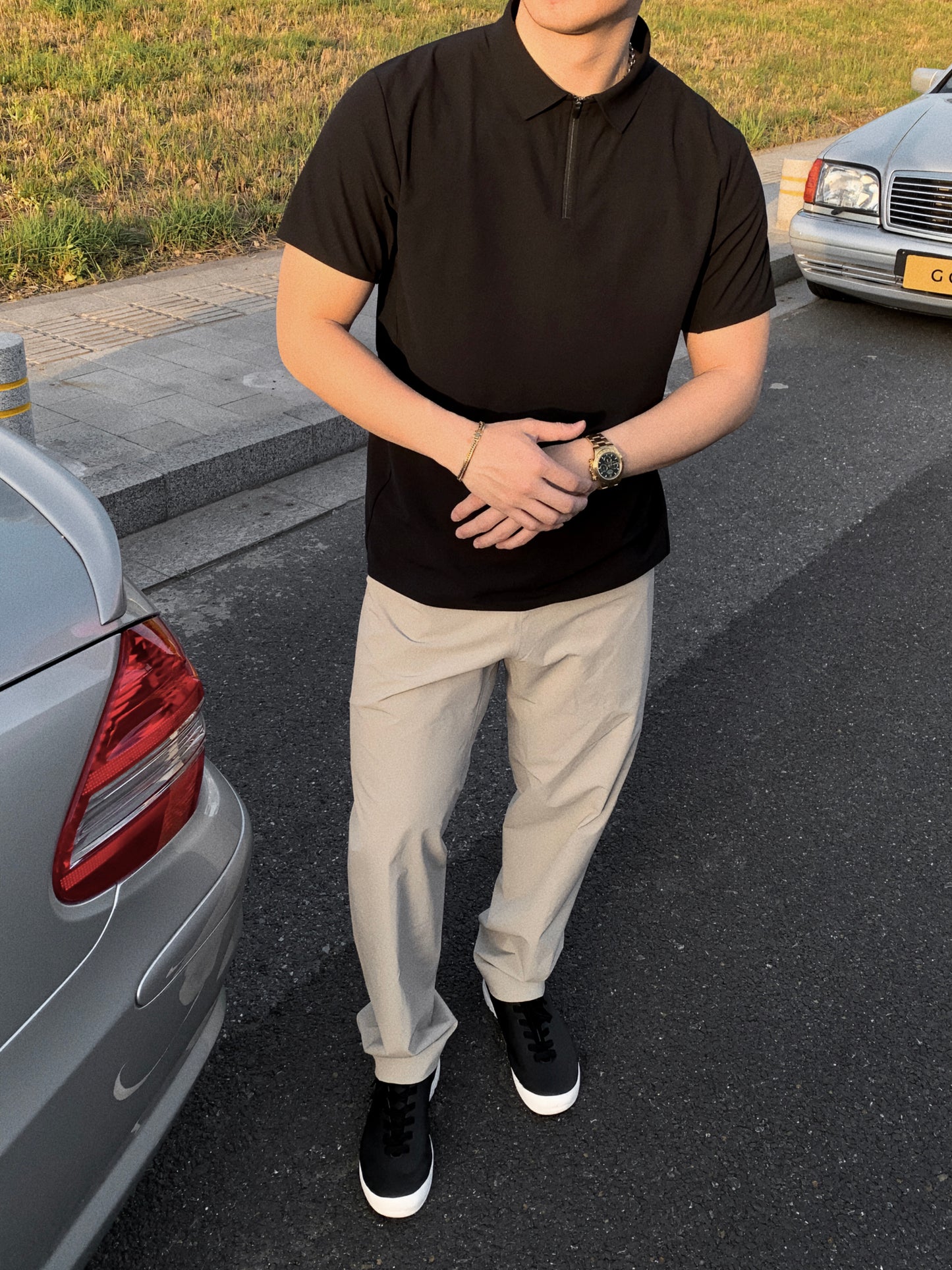 gggcomplex business casual polo shirts black Made from lightweight fabric weighing only 130g, breathable and quick-drying.